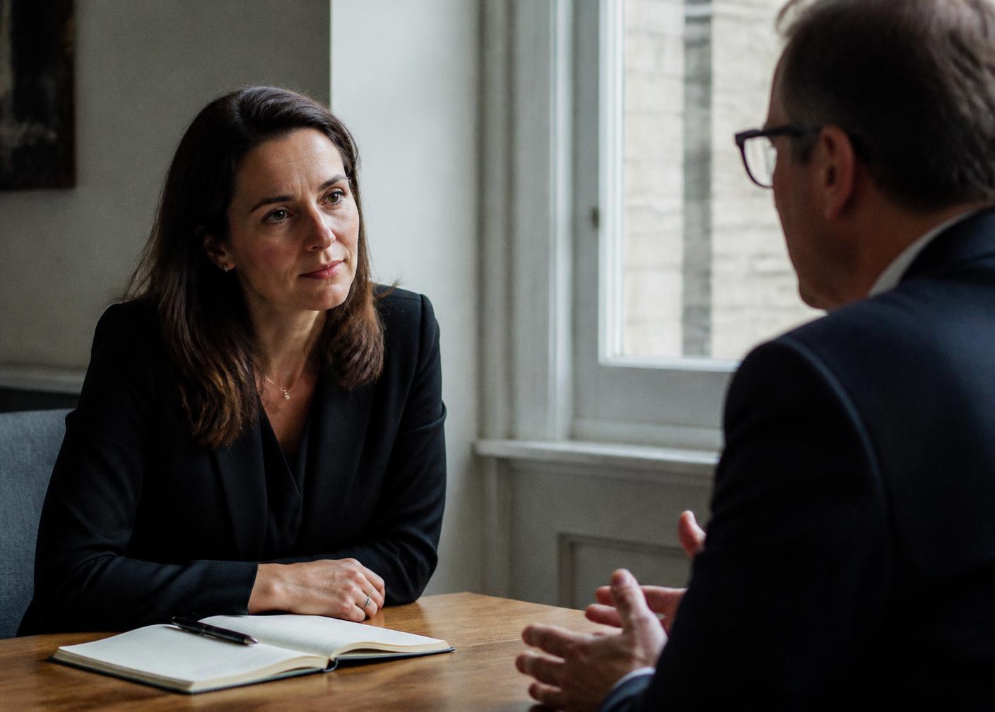 Une consultante en recrutement écoute un dirigeant lors d’un entretien de cadrage, autour d’une table de travail.